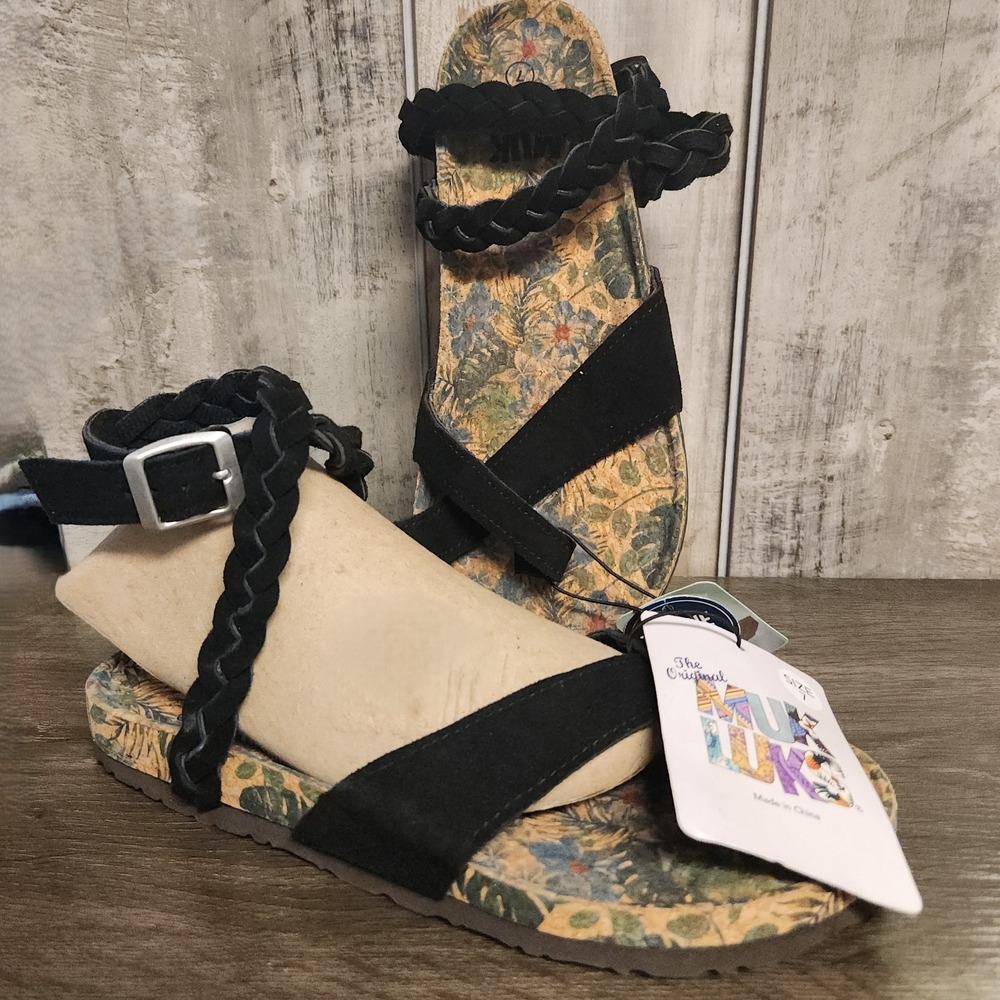 New MUK LUKS Women's Estelle Black Suede Thong Slingback Comfort Sandals Size 7